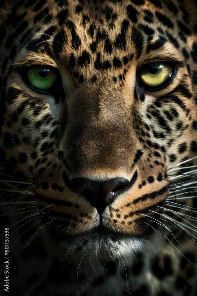 Fototapeta premium A majestic leopard with stunning blue eyes, a magnificent creature that represents the untamed beauty of nature. AI Generative
