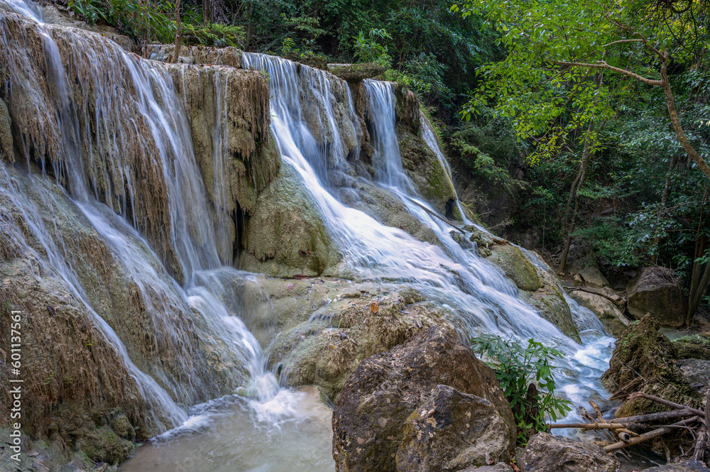 Fototapeta premium Erawan waterfall with emerald green ponds. is one of the most popular falls in Kanchanaburi Province, Thailand.