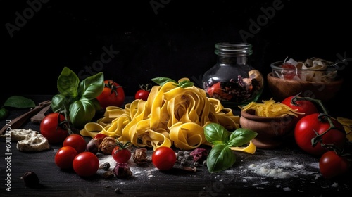 Fresh Tomatoes, Basil, and Pasta on Dark Rough Background. Vibrant Colors and Authentic Feel. Generative ai