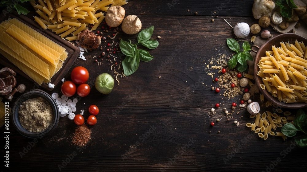 Fresh Tomatoes, Basil, and Pasta on Dark Rough Background. Vibrant Colors and Authentic Feel. Generative ai Fresh Tomatoes, Basil, and Pasta on Dark Rough Background. Vibrant Colors and Authentic Feel. Generative ai