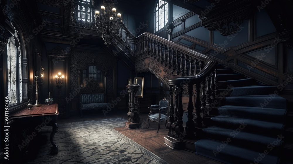 Dark gothic mansion hall in victorian style interior with staircase and lamp holders. Ai generated - obrazy, fototapety, plakaty 