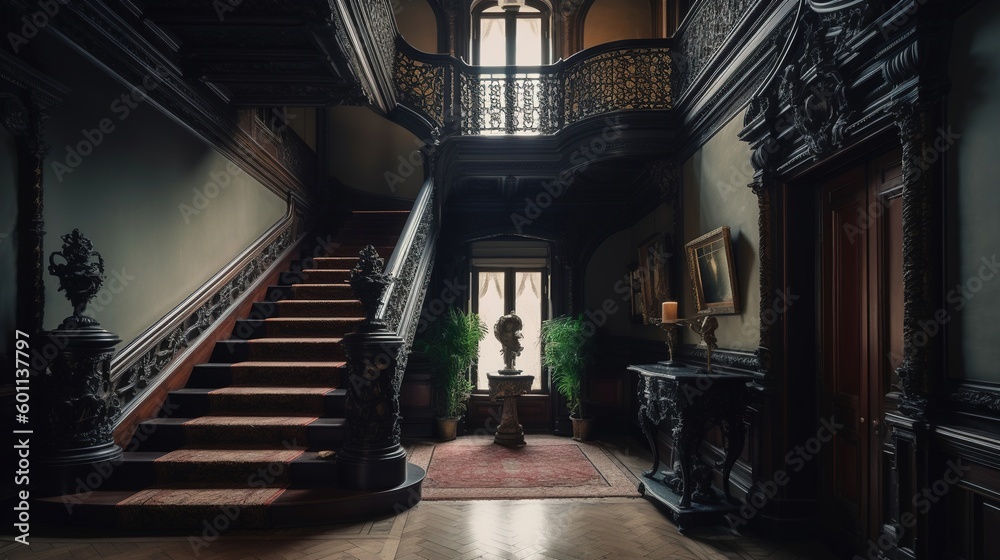 Obraz premium Dark gothic mansion hall in victorian style interior with staircase and lamp holders. Ai generated
