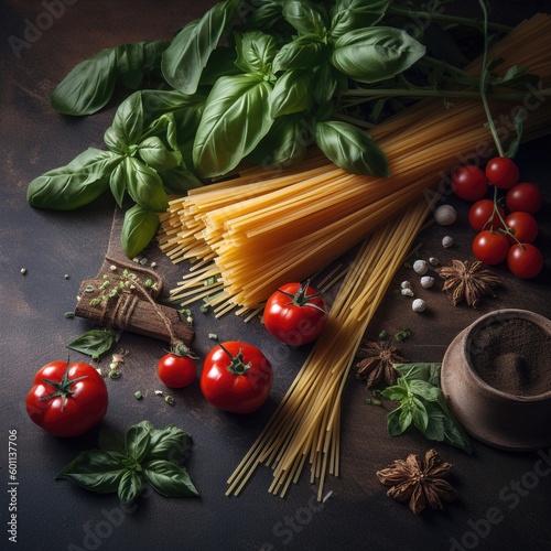 Fresh Tomatoes, Basil, and Pasta on Dark Rough Background. Vibrant Colors and Authentic Feel. Generative ai