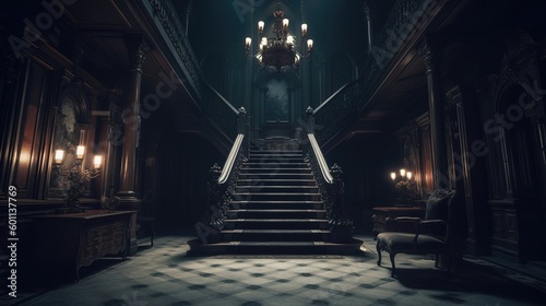 Photo Dark gothic mansion hall in victorian style interior with staircase and lamp holders