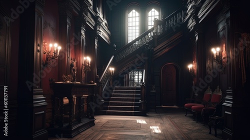 Dark gothic mansion hall in victorian style interior with staircase and lamp holders. Ai generated