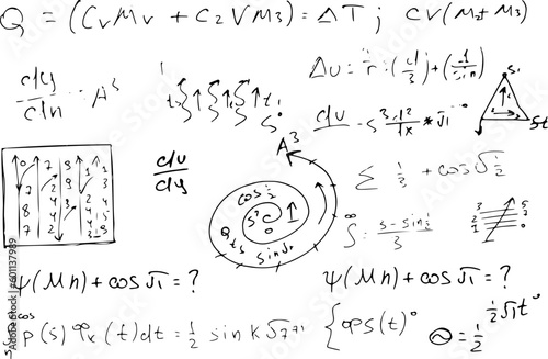 Mathematical scientific formulas and expressions. Educational, school and university background. Hand-drawn vector on white.