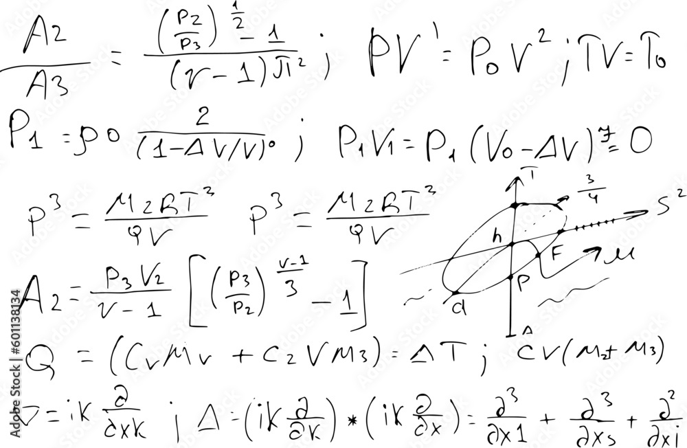 Mathematical scientific formulas and expressions. Educational, school and university background. Hand-drawn vector on white. Mathematical scientific formulas and expressions. Educational, school and university background. Hand-drawn vector on white.