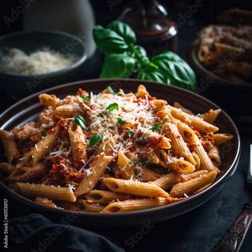 Delicious pasta dish with sauce on dark background. Perfect for food and Italian cuisine themes. Generative ai