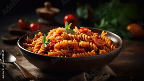 Delicious pasta dish with sauce on dark background. Perfect for food and Italian cuisine themes. Generative ai