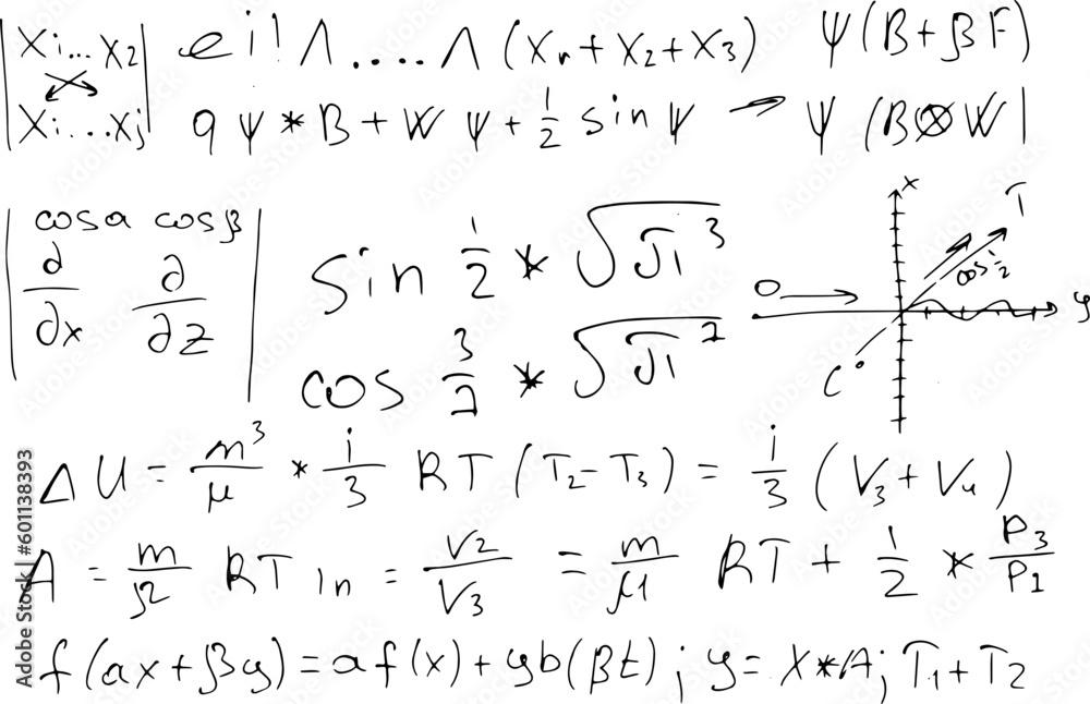 Mathematical scientific formulas and expressions. Educational, school and university background. Hand-drawn vector on white. Mathematical scientific formulas and expressions. Educational, school and university background. Hand-drawn vector on white.