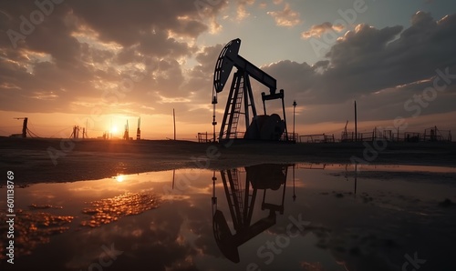 Crude mining concept, crude oil pump jack at oilfield on sunset backround. generative AI photo