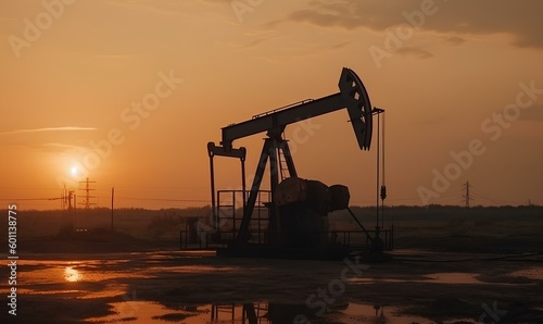 Crude mining concept, crude oil pump jack at oilfield on sunset backround. generative AI photo