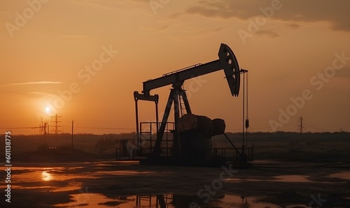 Crude mining concept, crude oil pump jack at oilfield on sunset backround. generative AI