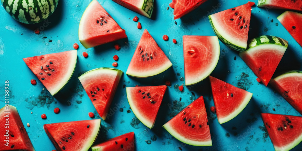 Slices of fresh watermelon on a blue background. Generative AI