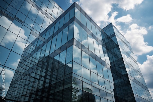 Glass Facade of Contemporary Office Building Reflecting Surrounding Cityscape Under Blue Sky with Puffy White Clouds