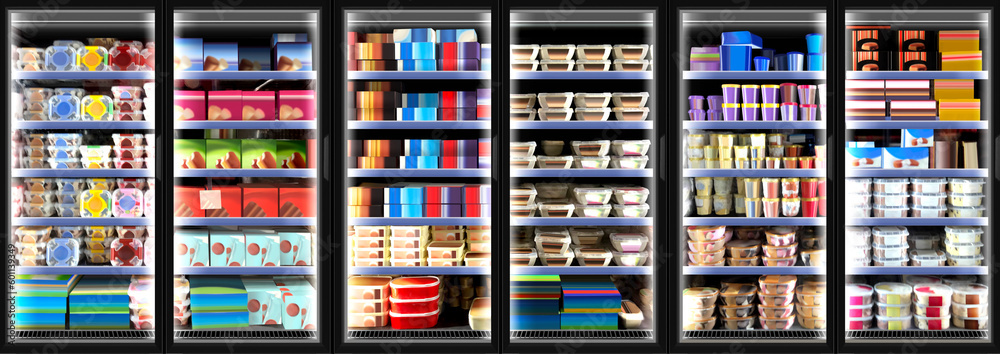 Close up Ice cream and birthday cake on shelf In supermarket with colorful and brand less labels. Suitable for presenting new product and new designs of labels among many others.