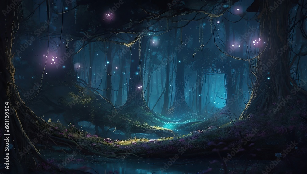 Fantasy forest scene with glowing A forest with a blue light and a forest with fireflies in the sky 