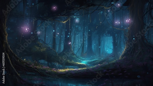 Fantasy forest scene with glowing A forest with a blue light and a forest with fireflies in the sky  photo