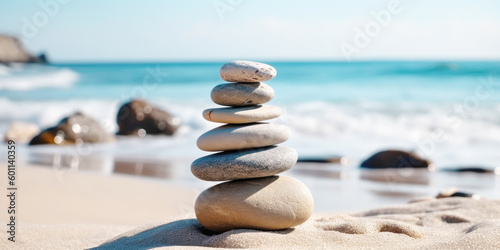 Stacked zen stones sand background art of balance.