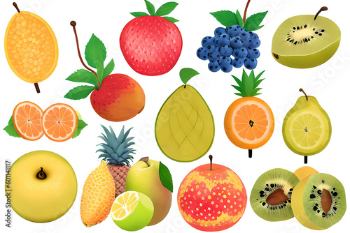 A set of exotic fruits and berries  strawberry  grape  kiwi  orange  pineapple  lemon  tangerine  apple  with green leaves isolated on a white background. Generative AI.