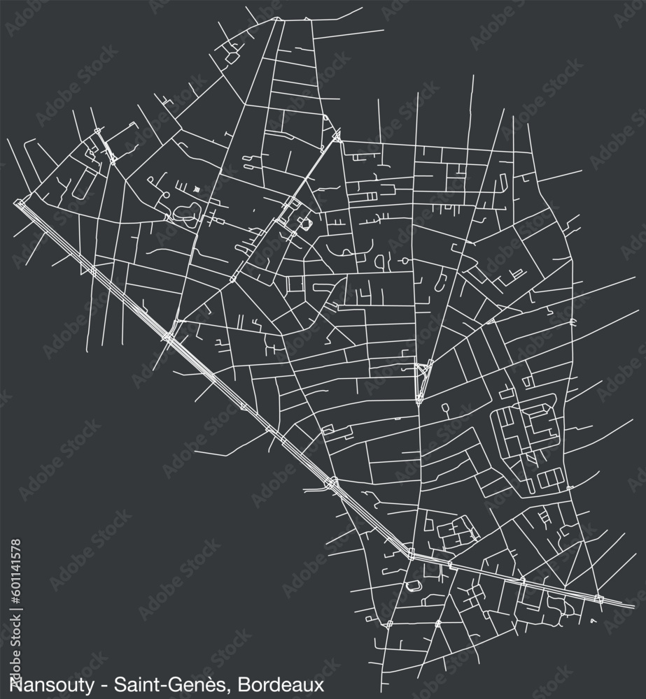 Detailed hand-drawn navigational urban street roads map of the NANSOUTY - SAINT-GENES QUARTER of the French city of BORDEAUX, France with vivid road lines and name tag on solid background