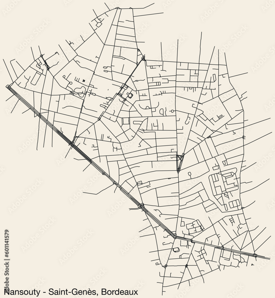 Detailed hand-drawn navigational urban street roads map of the NANSOUTY - SAINT-GENES QUARTER of the French city of BORDEAUX, France with vivid road lines and name tag on solid background