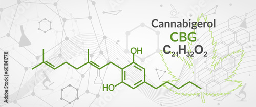 Cannabigerol or CBG molecular structural chemical formula. Futuristic science backdrop. Pharmacology concept