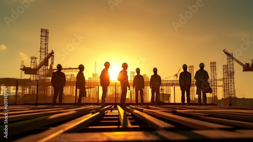 Silhouettes of Engineers and workers inspecting a project on a building site background, construction site at sunset, Generative AI © Salsabila Ariadina