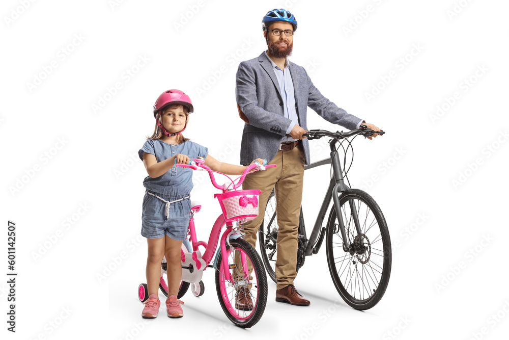 Naklejka premium Father and daughter standing next to bicycles