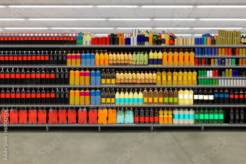 Soda pop plastic bottles on shelves.
Suitable for mockup and business presentation.