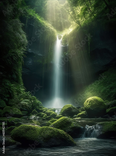 A waterfall in the forest with the sun shining through the trees Natural waterfall with rocks moss