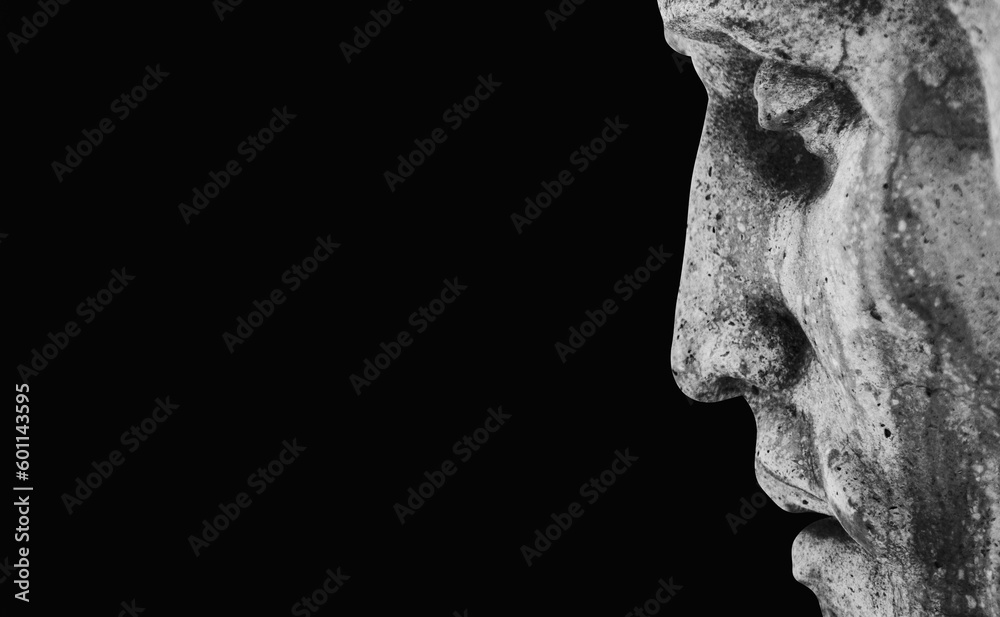 Close up face of Jesus Christ in profile. Copy space for text or design.