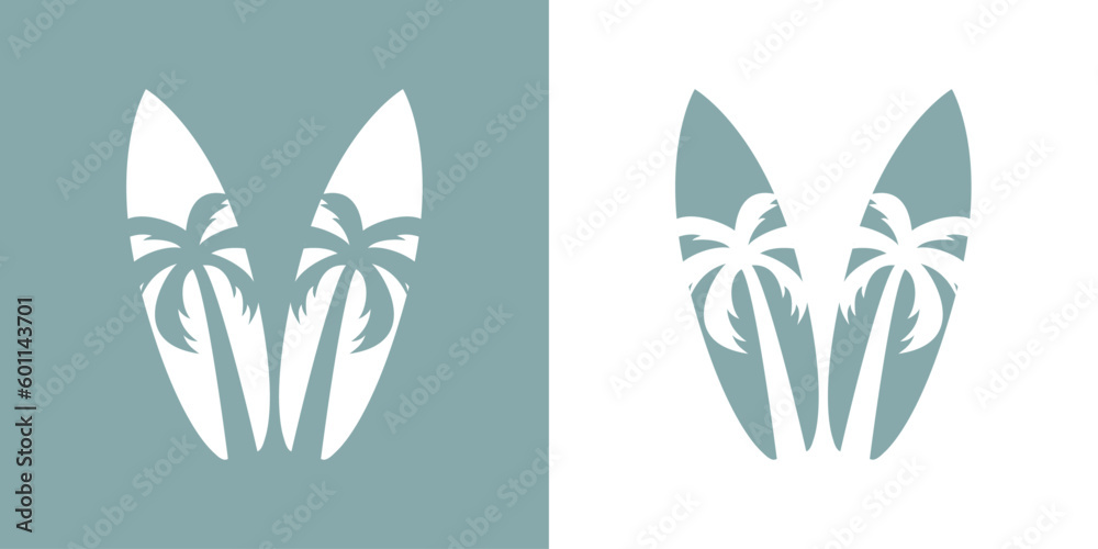 Logo club de surf. Tablas de surf con la palma en espacio negativo Logo club de surf. Tablas de surf con la palma en espacio negativo