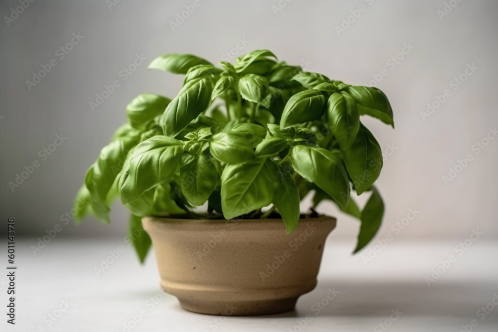 Fototapeta premium Green basil in a pot top view. Generative AI