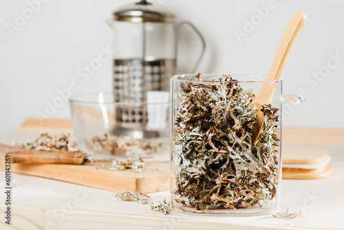 Dry icelandic moss in a glass jar.