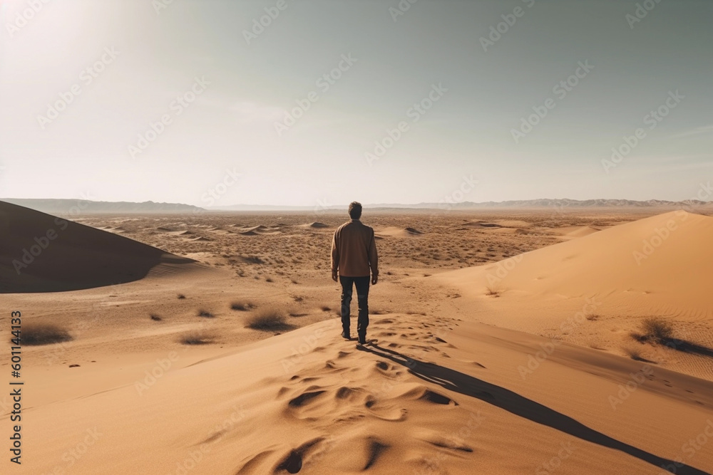 © YARphotographer - man in the desert stands with his back. Generative AI © YARphotographer - man in the desert stands with his back. Generative AI
