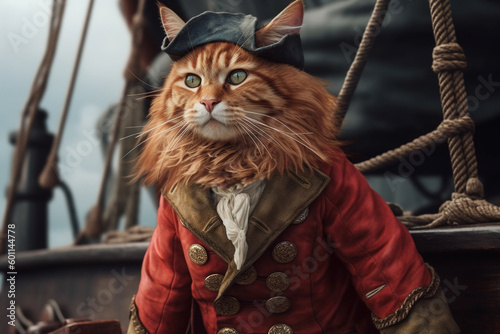 A red Maine Coon cat in the image of a pirate on a ship. Generative AI