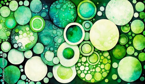 cells, virus or bacteria under the microscope, abstract artistic green and yellow watercolor illustration for background, banner, cover design photo