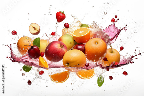 fruits on a white background  cut and whole with splashes of juice. Generative AI