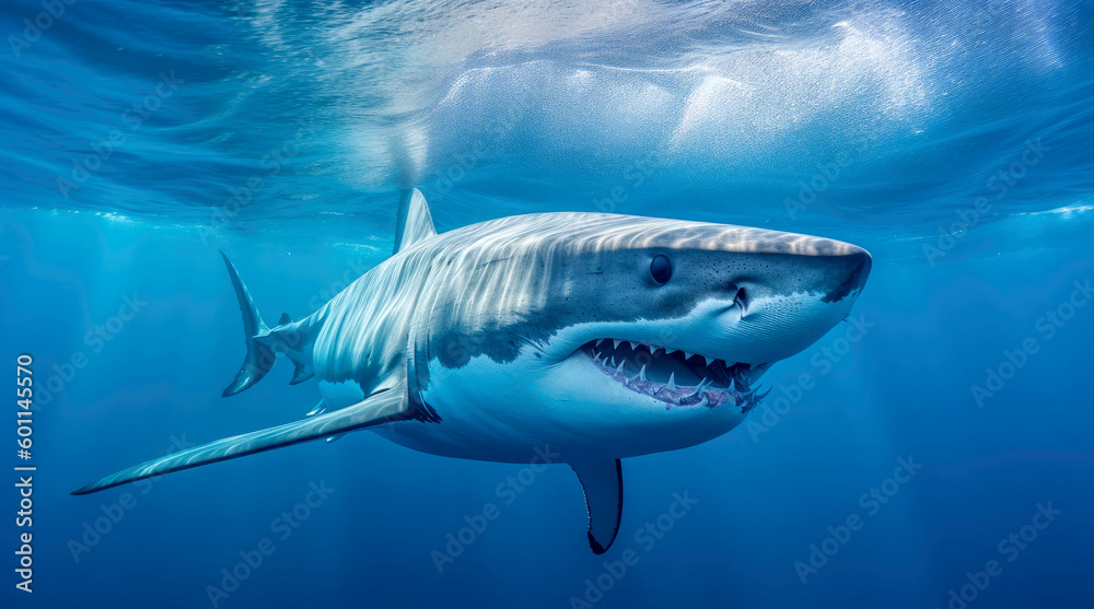 Fototapeta premium Photo of a Great Shark swimming in blue water, side view