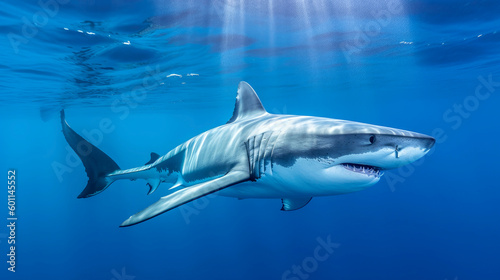 Photo of a Great Shark swimming in blue water  side view
