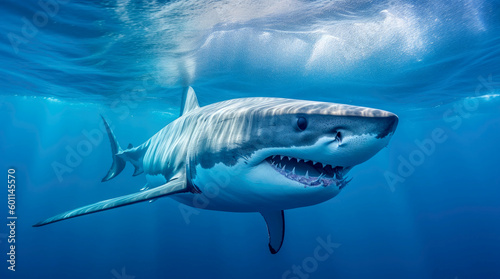 Photo of a Great Shark swimming in blue water, side view