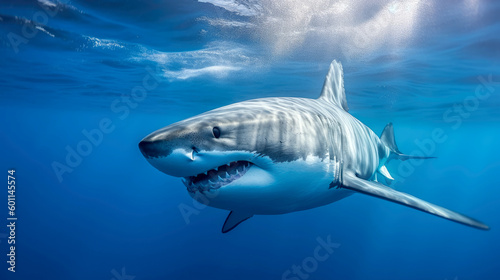 Photo of a Great Shark swimming in blue water  side view