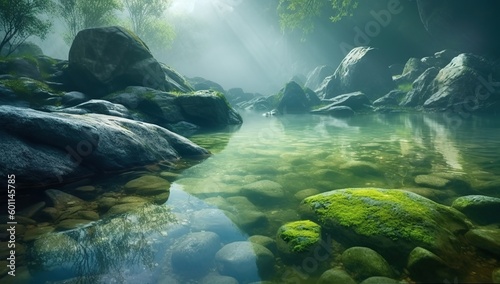 A river in the forest with the sun shining on it Green forest and forest stream at sunset