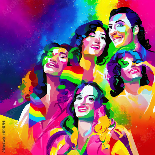 Generative AI. Vibrant LGTB artwork with a diverse group of individuals. The colorful background adds an energetic and lively atmosphere to the piece, celebrating diversity and inclusivity.