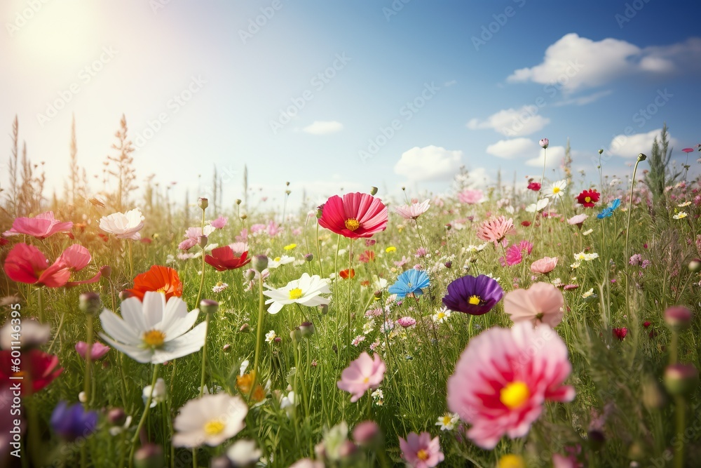 A field of flowers with a blue sky and the sun behind it Illustration of a flower meadow in spring A field of flowers with a blue sky and the sun behind it Illustration of a flower meadow in spring