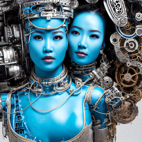 A stunningly realistic illustration of a futuristic cyborg with dual bodies. The two female faces, with their beautiful light blue skin, are a marvel of artistry. Generative AI.