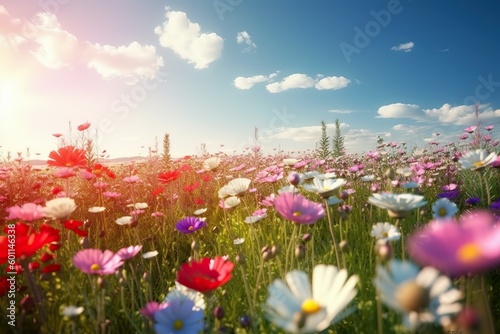A field of flowers with a blue sky and the sun behind it Illustration of a flower meadow in spring