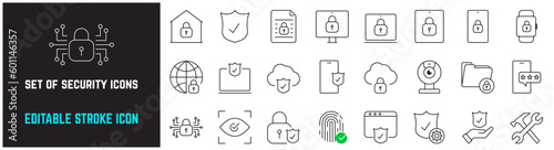 set of security editable stroke icons, such as smartphone, smart watch, protect, password, lock, cyber lock, eye protection, modern linear graphic elements collection. Line icons set