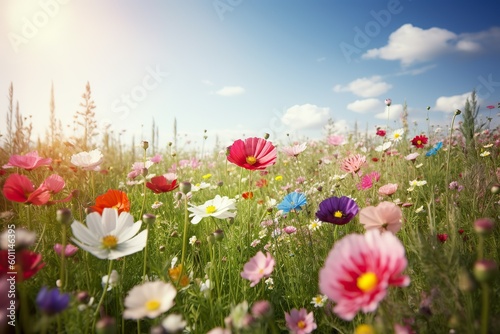 A field of flowers with a blue sky and the sun behind it Illustration of a flower meadow in spring © Yan